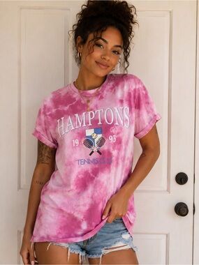 Hamptons Tennis Club Pink Tie Dye Graphic Tee Small Y2K Coastal